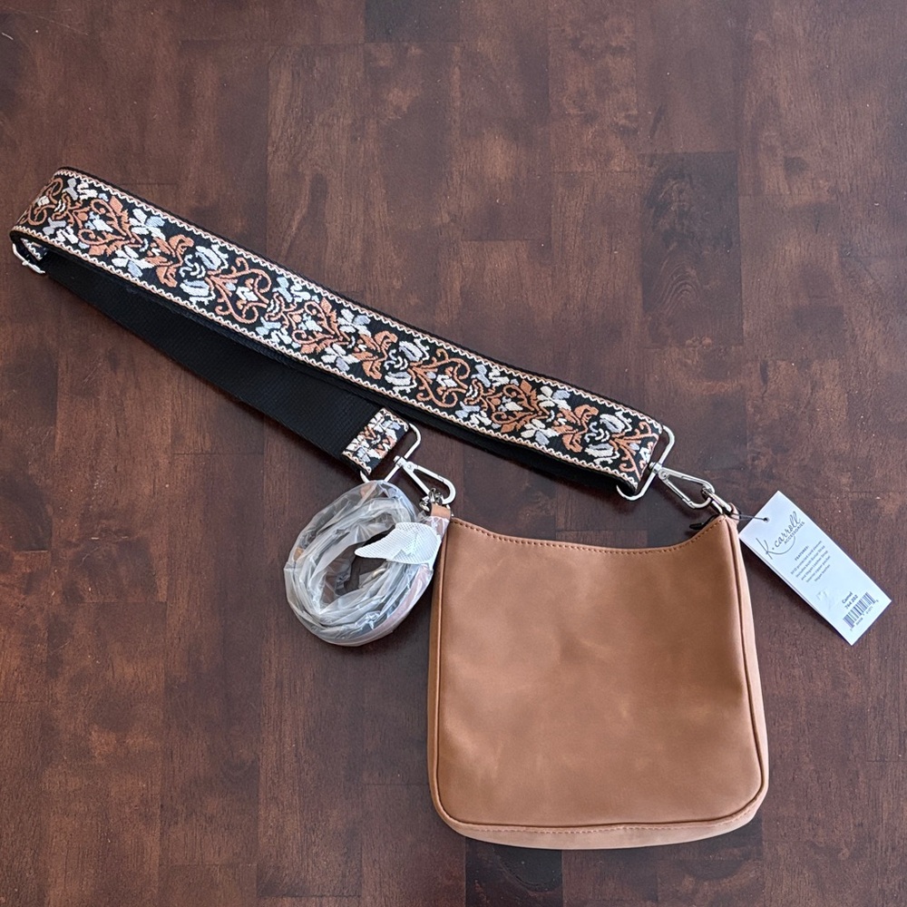 Tan Leather Shoulder Bag with Patterned Strap